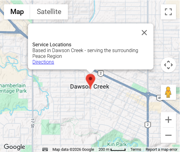 Service area map centred on Dawson Creek